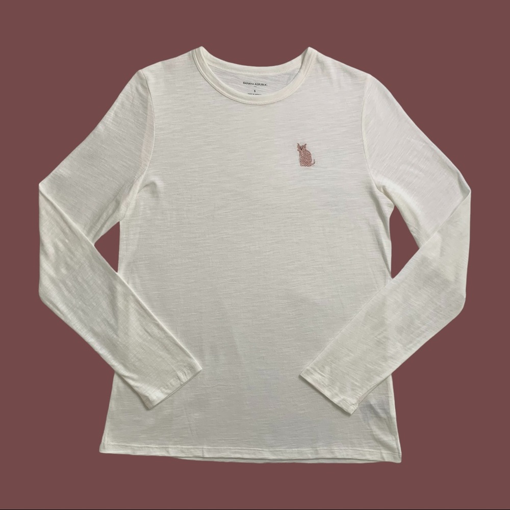 Banana Republic Modal Long Sleeve Embroidered T-Shirt Crew Neck Cat Detail Sheer
